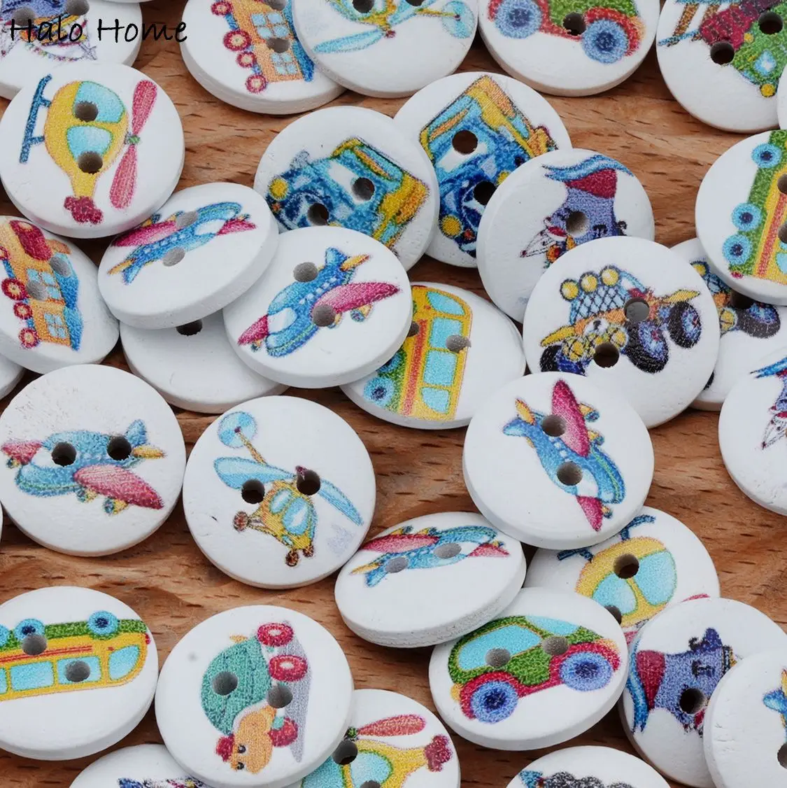 50pcs Cartoon Transportation Wooden Buttons with Airplane/Car/Train/Ship, for DIY Sewing, Kids Crafts & Scrapbooking 15mm