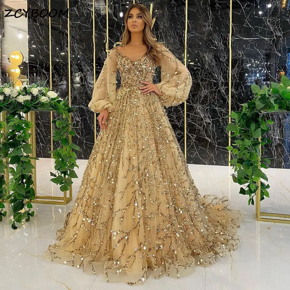 

Luxury Dubai Gold Sequined Beading A-Line Evening Dresses For Women 2023 Wedding Party Elegant Muslim Arabic Formal Prom Gowns