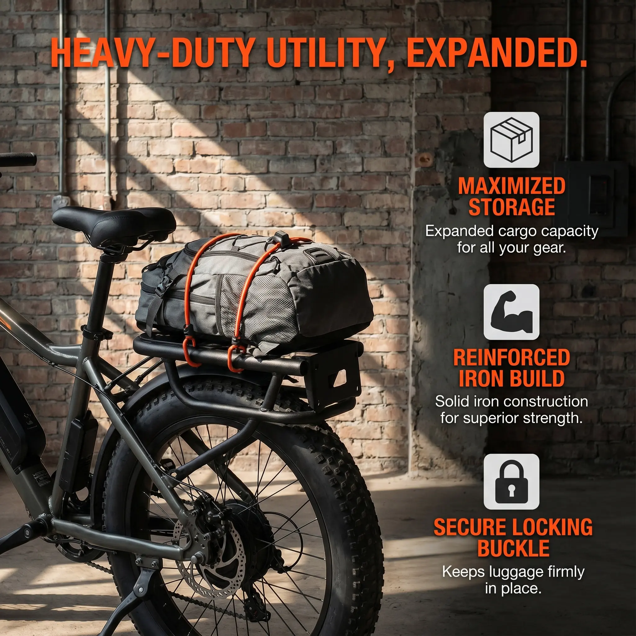 Heavy Duty Adjustable Rear Bike Rack for E-Bikes – Iron Frame with Extended Shelf & Sleek Modern Design