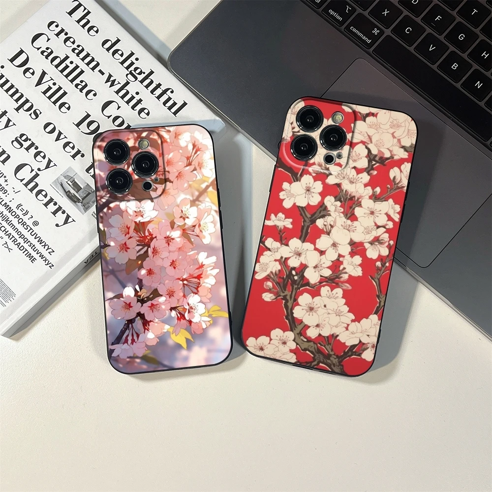 sakura Phone Case FOR IPhone 16 15 14 11 12 Pro 8 7 15 Plus 13 Pro MAX XR XS MINI SE 2020 Black Covers