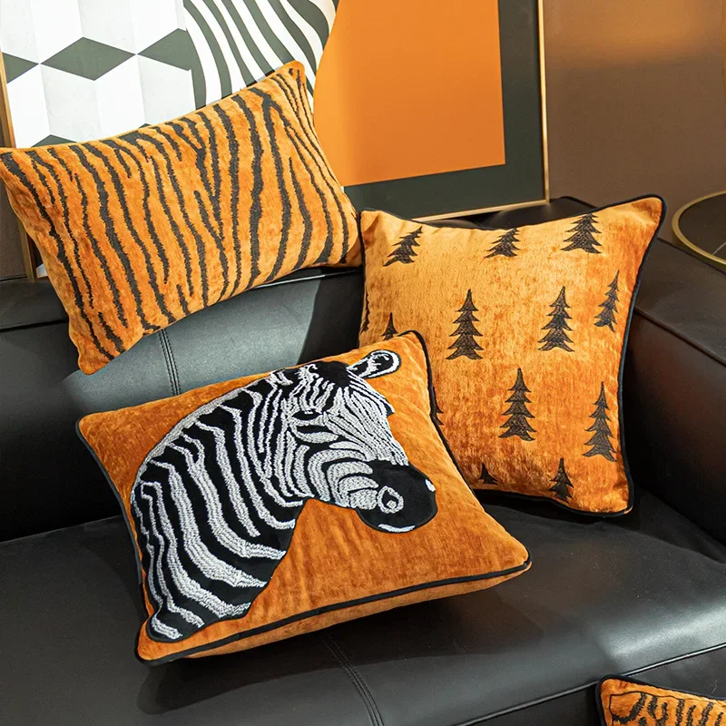 Luxury Nordic Soft Cushion Cover Orange Zebra Pattern Cartoon Chenille Throw Pillow Covers Living Room Bedroom Decor 45x45 30x50