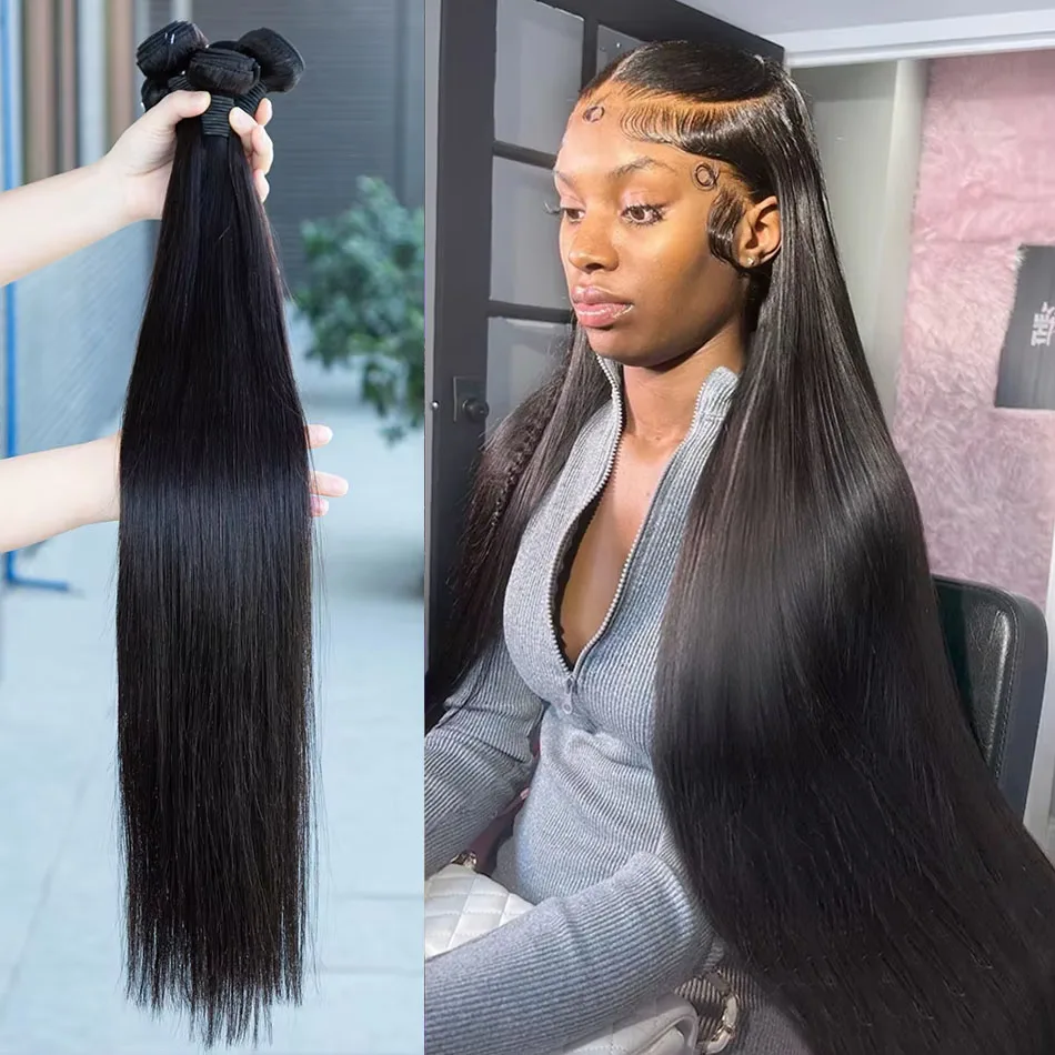 

Бразильские 30-дюймовые прямые 100% человеческие волосы 3/4 пучка 12A необработанные черные волосы Remy для наращивания необработанных двойных уток