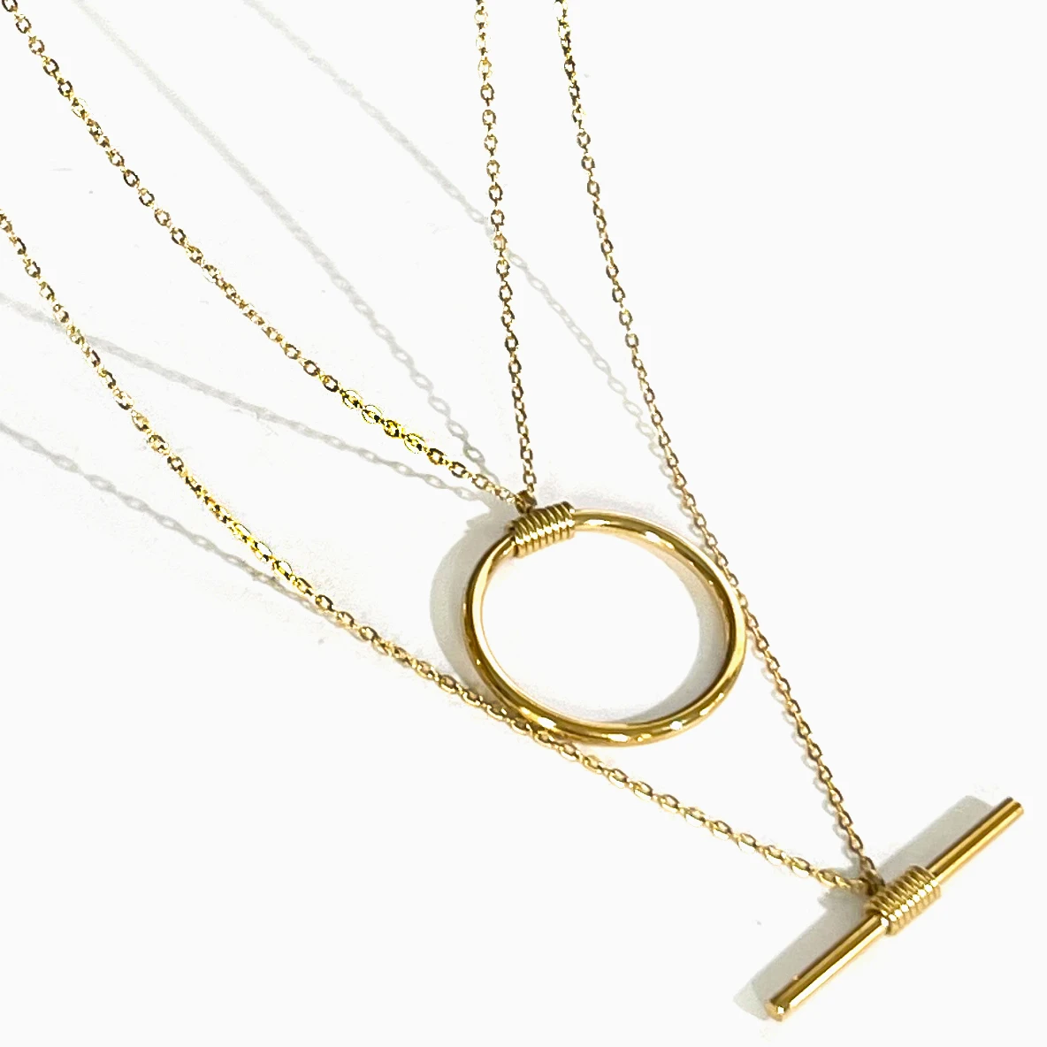 Peri'sbox Stainless Steel 18K Pvd Gold Plated Round Circle and Bar Two Layered Necklace Women Boho Minimalist Jewelry Waterproof