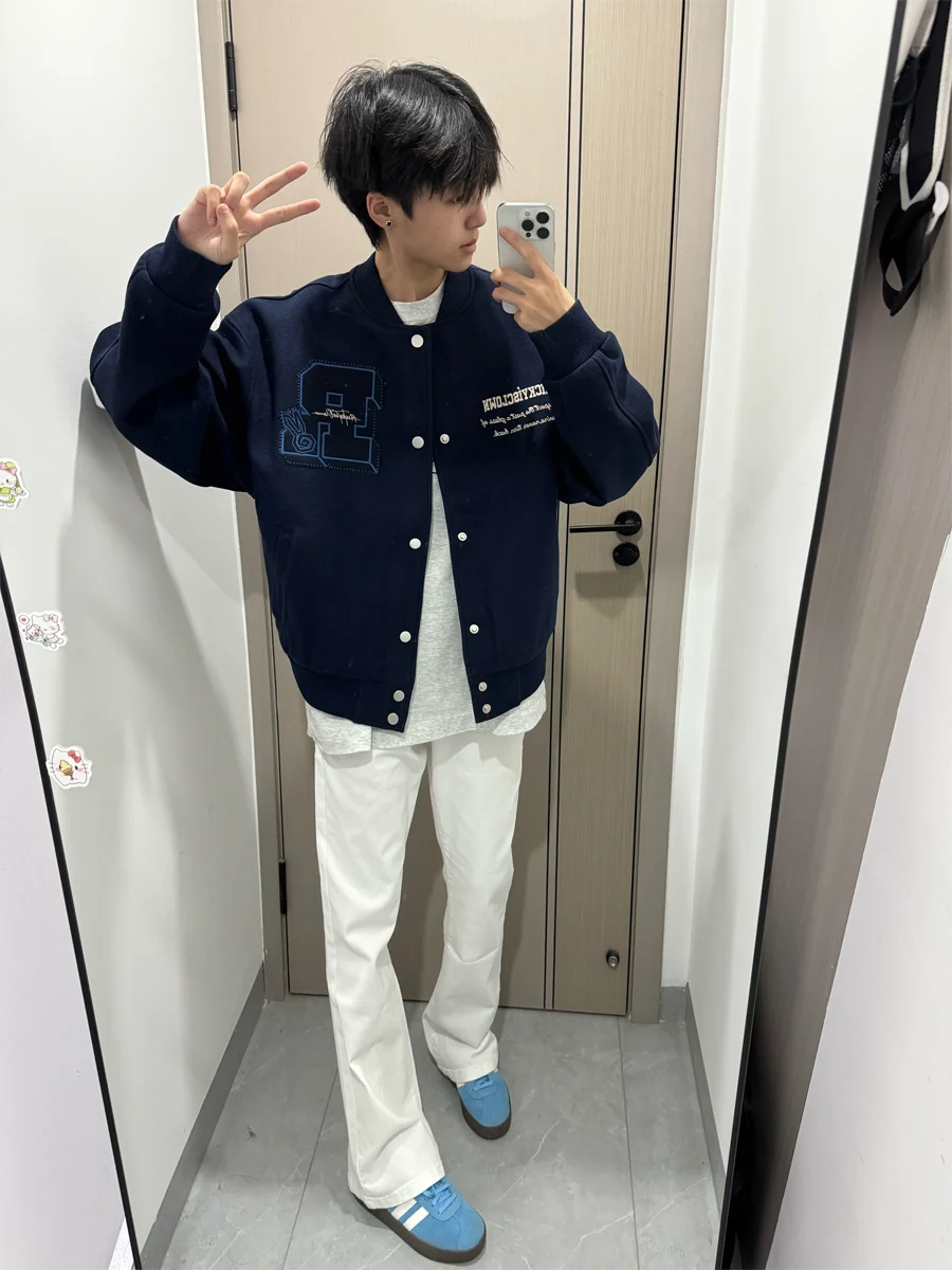 

Американская бейсбольная куртка свободного кроя для осени и зимы, с простой вышивкой, парная верхняя одежда из смесового хлопка и полиэстера