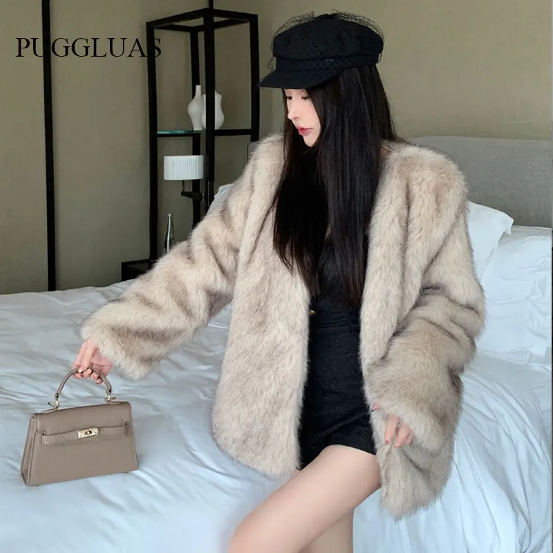 Pelzmantel Frauen warm pelzigen Langarm lose V-Neek weibliche Outwear 2023 Herbst Winter neue Mode Straße alle passen Dame Mantel