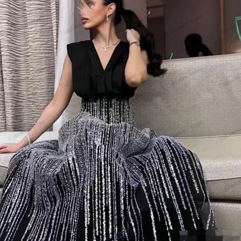 Gaun malam elegan gaun Prom berkilau gaun pesta model A-Line kerah v gaun pesta tanpa lengan bordir jubah punggung terbuka anggun Vestidos De Gala