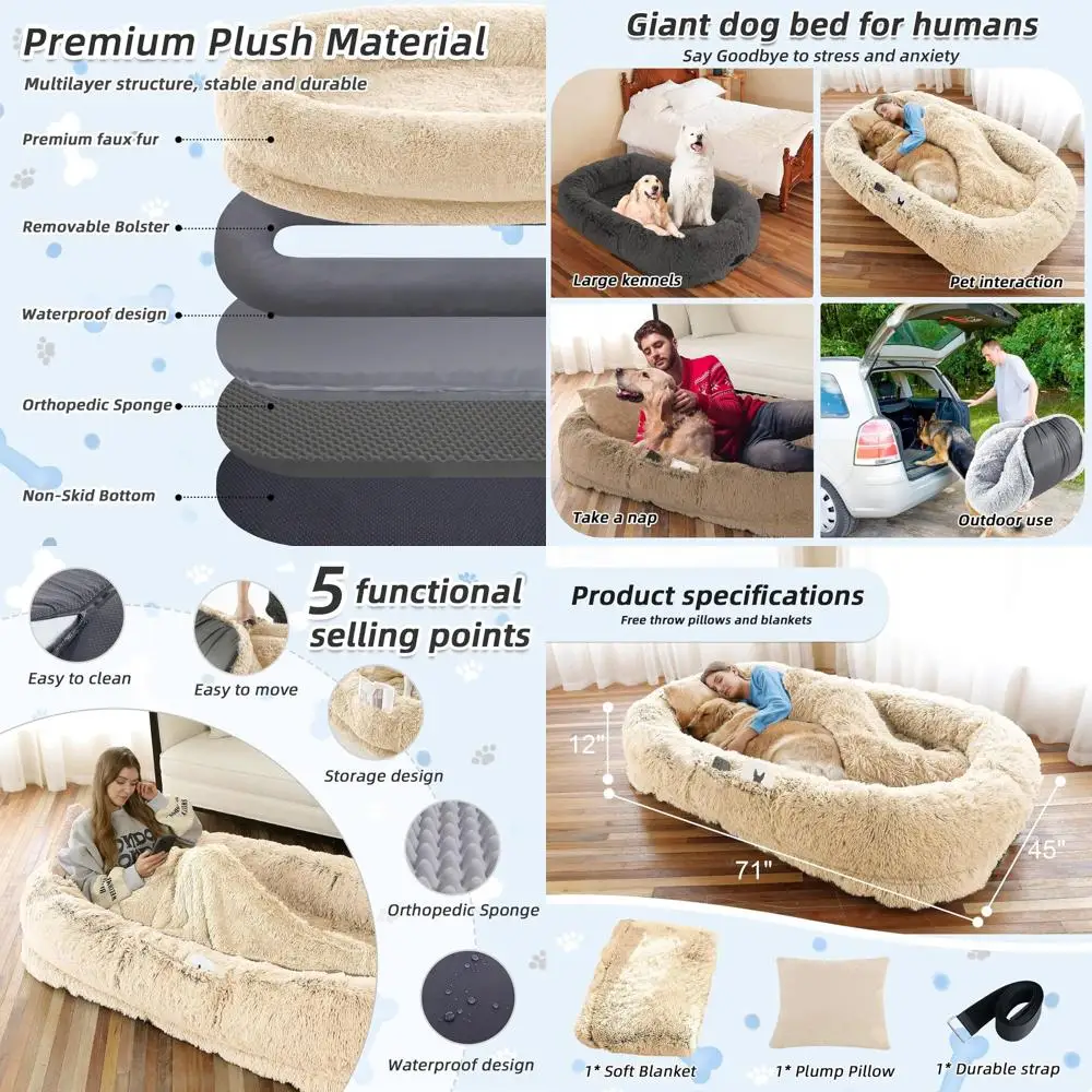 Cozy 71x45x12 Human-Sized Washable Faux Fur Bed for You and Pets, Complete with Pillow & Blanket - Beige