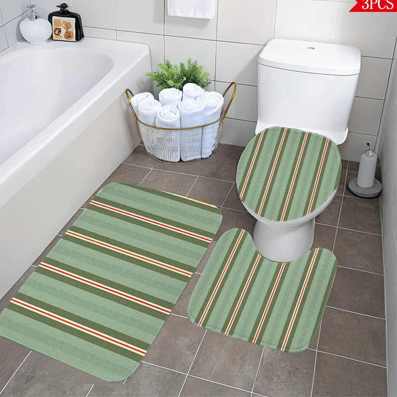 

Green Stripe Bath Set Three Piece Mat Toilet Lid Cover and U Shaped Rug Soft Flannel Non Slip Surface for Bathroom Decor