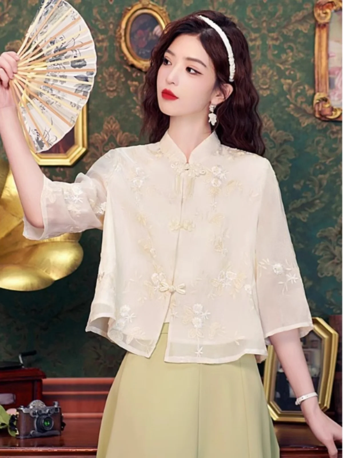

Ele Chinese Sle Embroidered irt Women's Summer Lightweight Sun Protection Chiffon Top Button up Stand Collar Regular Fit