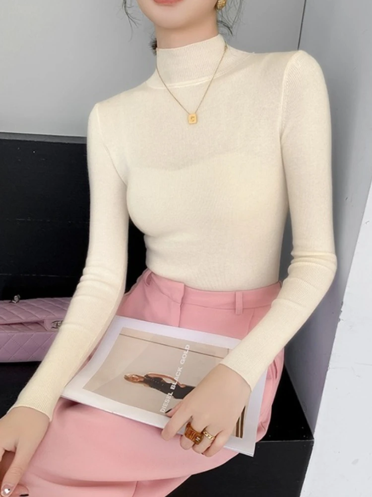 2025 décontracté mince col roulé pulls automne hiver femmes pull Vintage basique solide tricoté Tops coréen Simple Chic pull