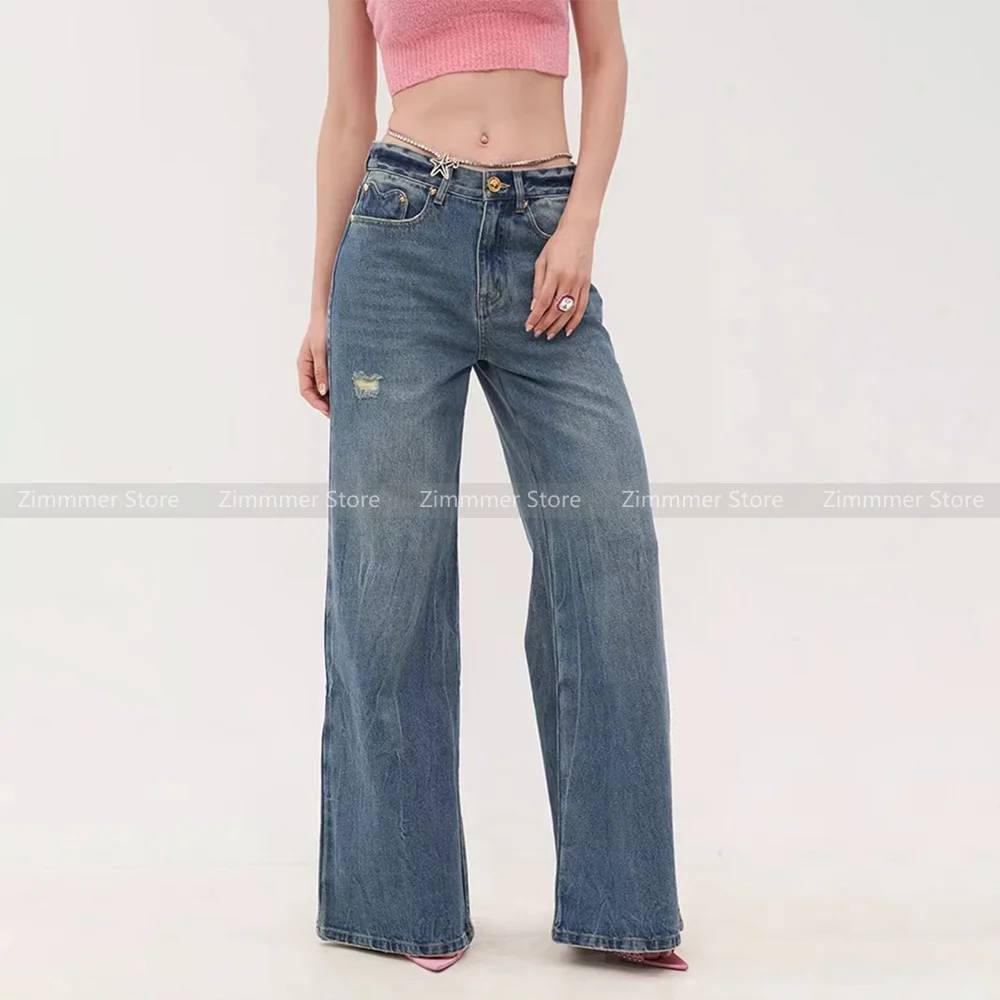 

Broken love pockets vintage washed and done old loose wide leg jeans dragging trousers women