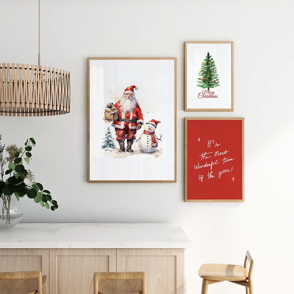 Christmas Tree Santa Claus Snowman Poster Print Wall Art Painting Canvas Print Holiday Wall Picture Living Room Xmas Home Decor