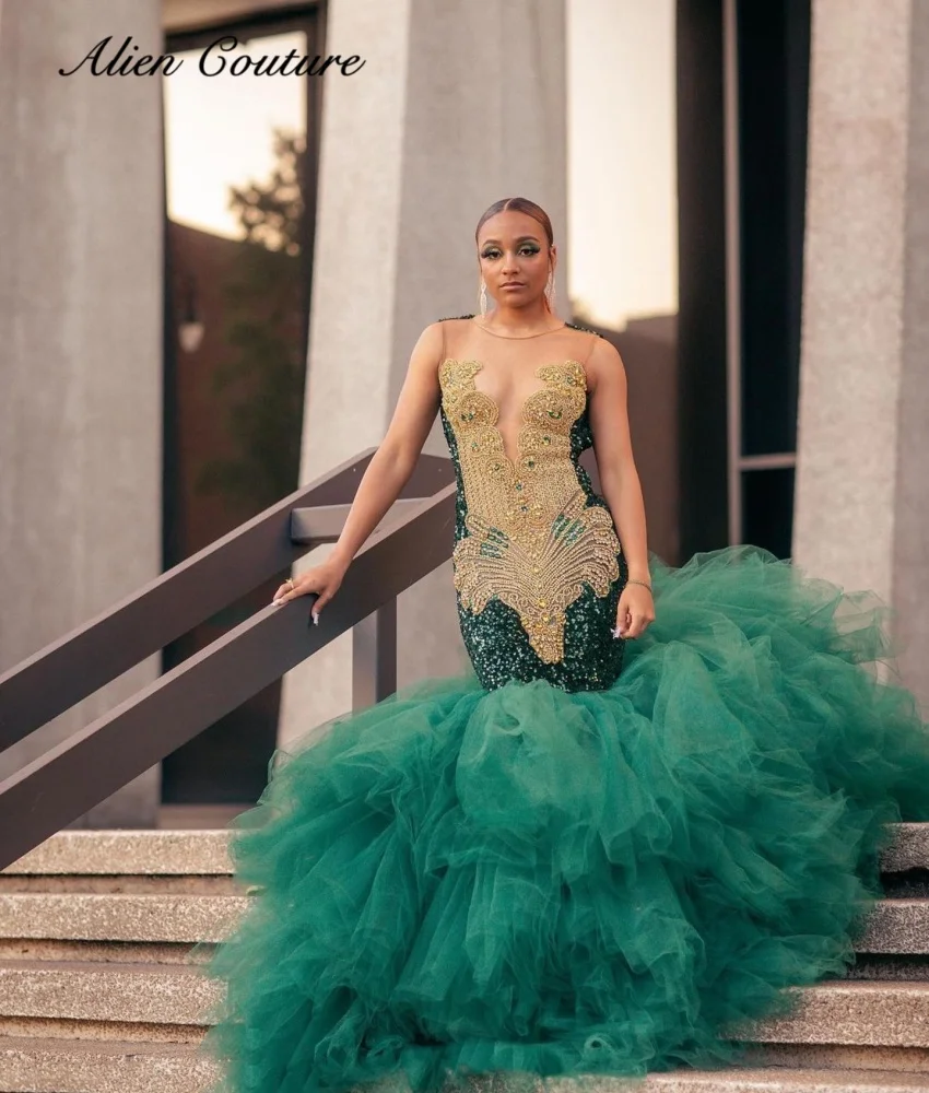 

Glitter Green Sequins Prom Dress 2024 Glitter Gold Bead Birthday Party Dress Ruffles Elegant Evening Dresses Customized