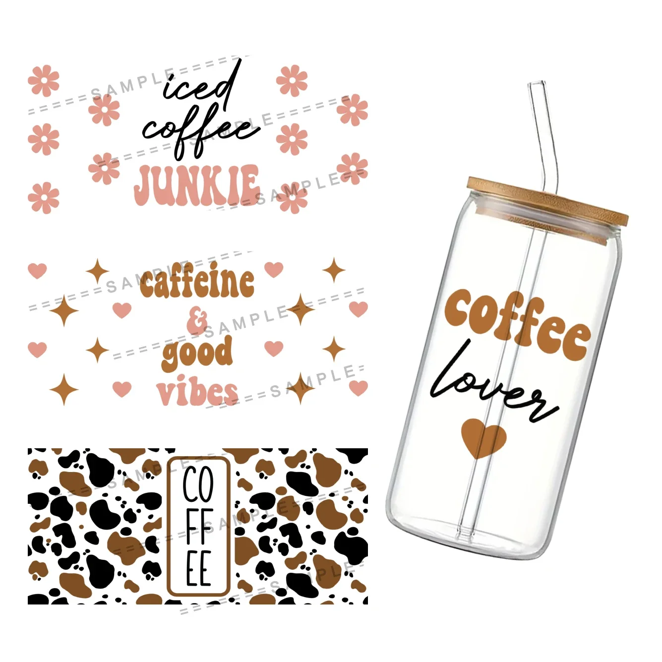 Coffee Pattern UV DTF Cup Wrap for 16Oz Libbey I Need Coffee Glass Can DIY Transfer Sticker