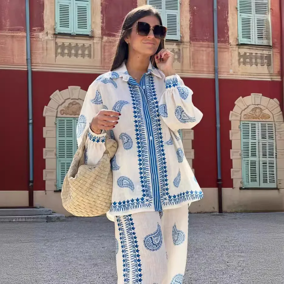 

Casual Bohemian Print Two-piece Set, Women's Spring And Summer Thin Cardigan Top Wide Leg Pants Set, Loose Lapel Women's Set