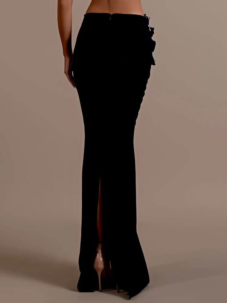 Avondfeest zwarte lange mouwen tweedelige bandageset coltrui diamanten bloemtop met bodycon maxi rok pak outfit