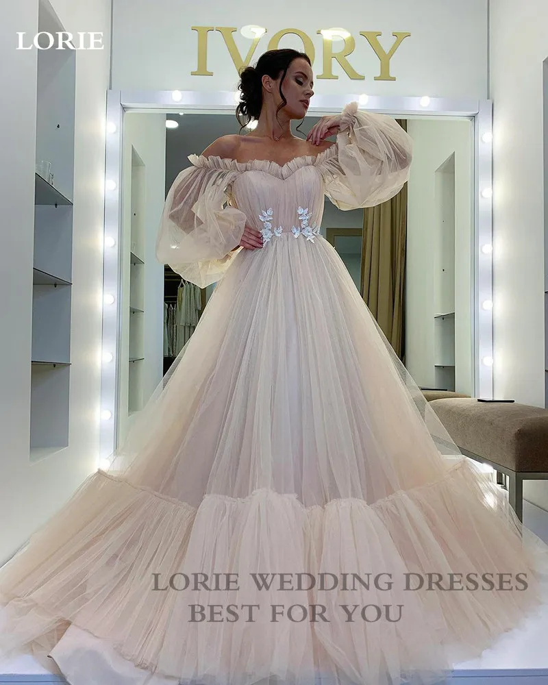 LORIE Champagne Wedding Dress A-Line Puff Sleeves Lace Bride Dress Off The Shoulder Boho Wedding Gown  2022