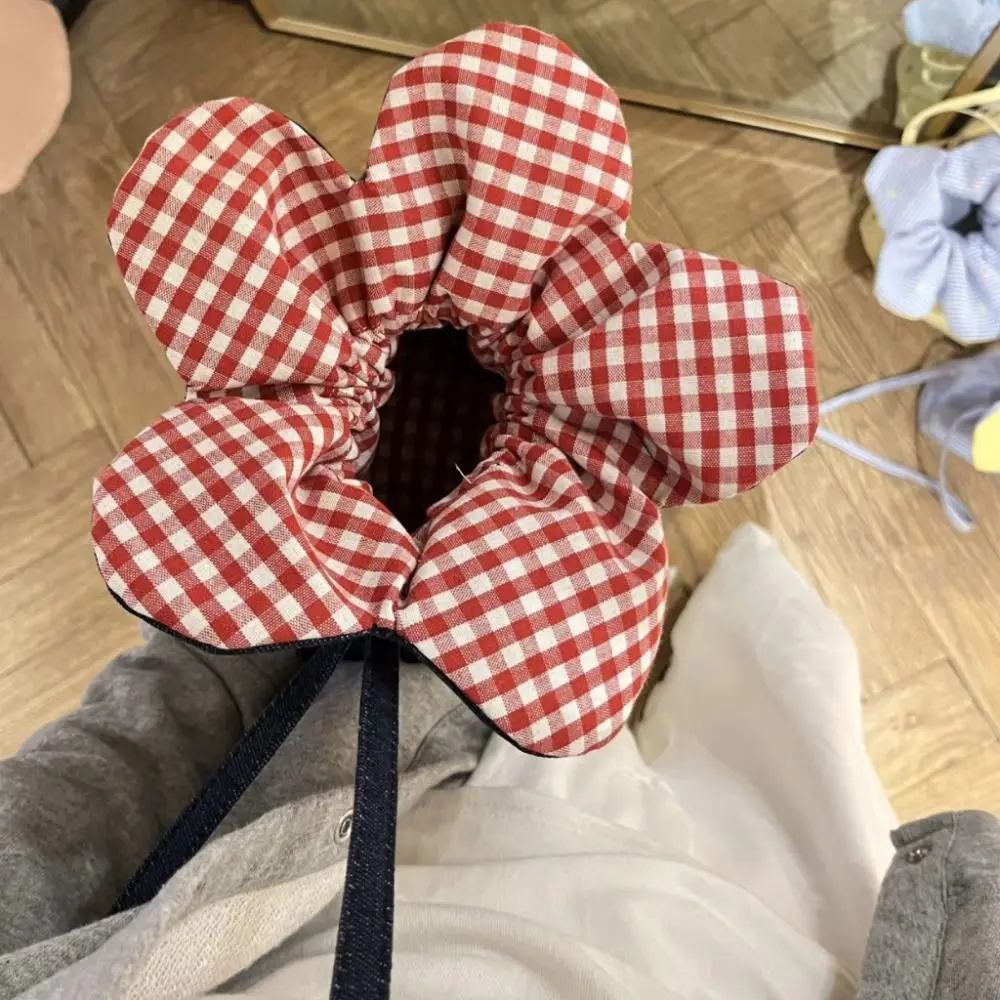 Casual Plaid Flower Drawstring Bag Cloth Portable Bundle Pocket Storage Bag Cute Small Crossbody Bag Travel