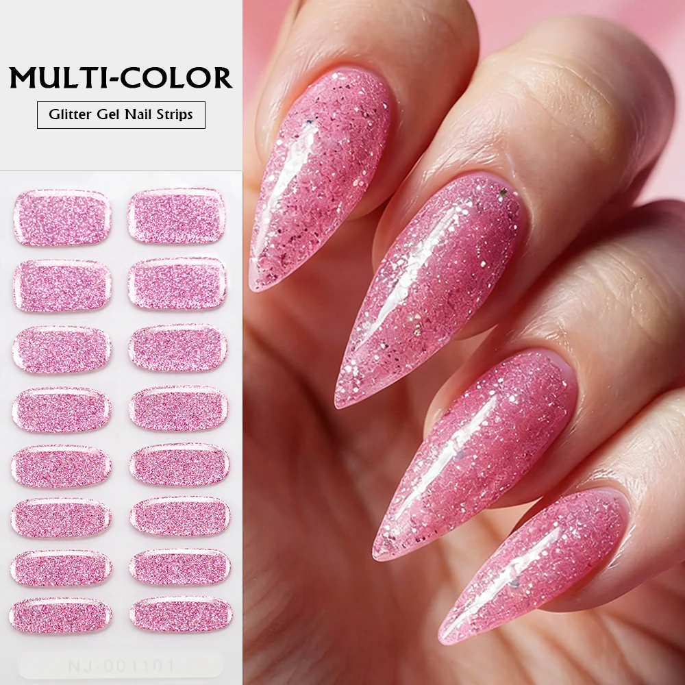 16Tips Gold Glitter Gel Nail Stickers UV Lamp Needed Translucent Nails Strips Full Cover Semi-Cured Manicure Press On Nail Decal