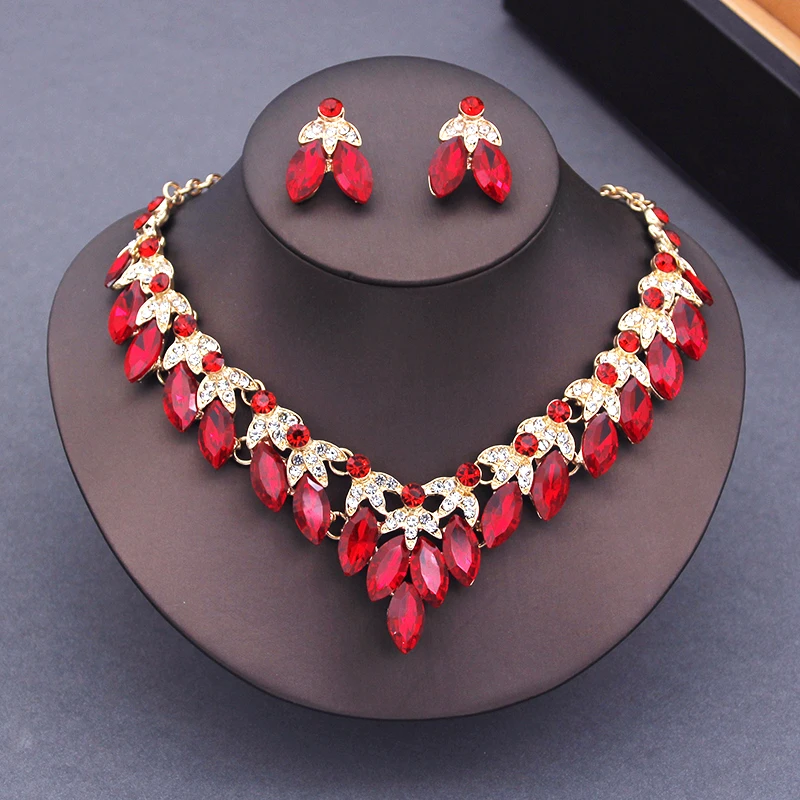 Luxury Red Crystal Choker Necklace Earrings Set Rhinestone Bridal Jewelry Sets Women Bride Wedding Party Costume Bijoux Femme