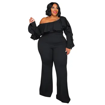 Plus Size Kombinezon Damski Na Jedno Ramię Długie Rękawy Rufflea Szerokie Nogawki Spodnie Imprezowe 4XL 5XL Jesień Zima
