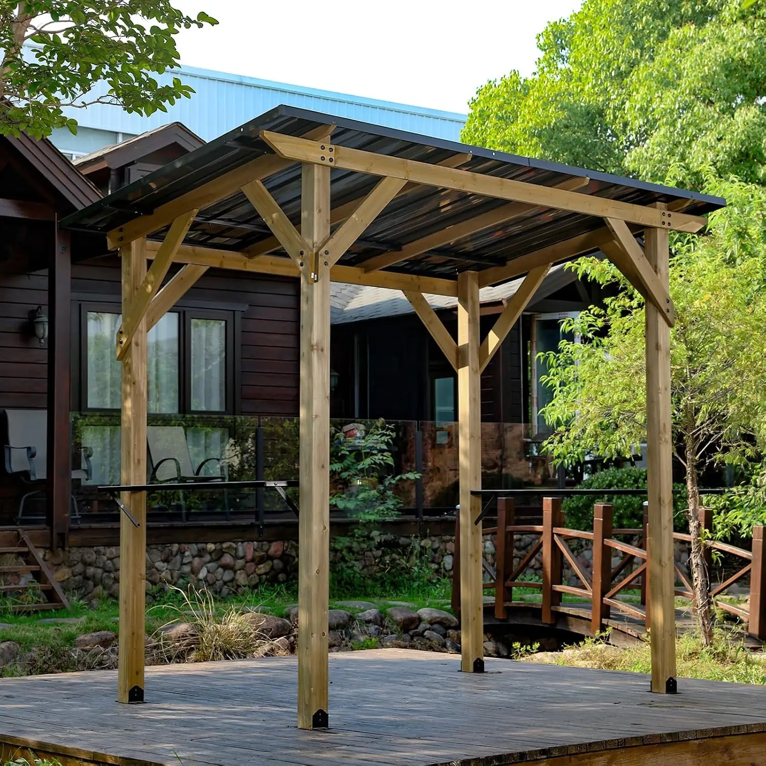 Wooden BBQ Gazebo 8x5ft Sloping Metal Roof 2 Side Shelves Outdoor Patio Backyard Lawn Deck, Customized