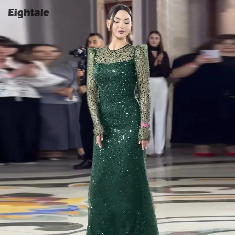 

Eightale Arabic Evening Dress O-Neck Dark Green Long Sleeves Sequin Plus Size Mermaid Prom Wedding Party Gowns