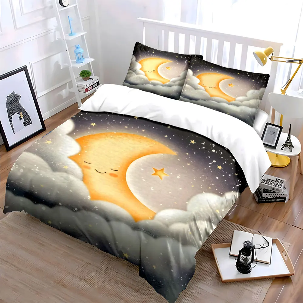 Smiling Moon with Shining Star Pattern Duvet Cover Set Digital Print Colorful Polyester Bedding with Zipper Closur for gifts