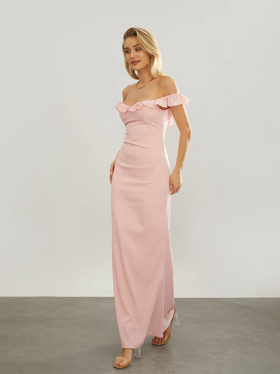 Women's Summer Long Evening Dress Pink Backless Off Shoulder Strapless Ruffle Dress