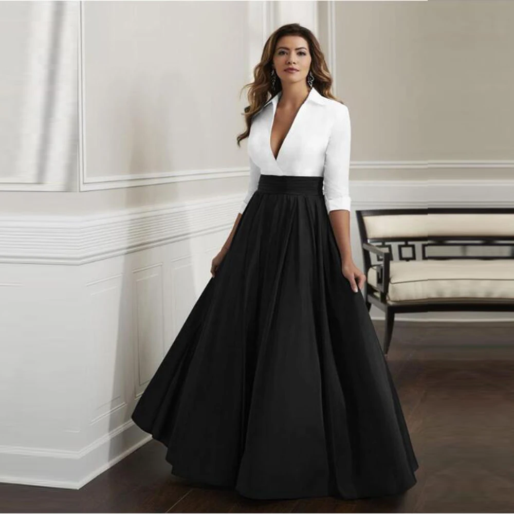 

Gorgeous A Line White and Black High Collar Three Quarter Sleeves Mother of the Bride Dresses V Neck Wedding Party Gowns 2021