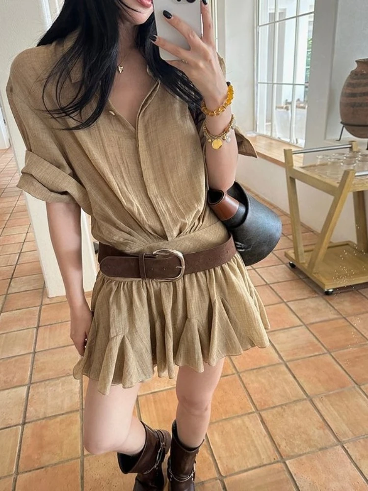 Abiti camicia vintage estivi Nuovo falso in due pezzi Harajuku Y2k Camicia a maniche corte Abito a pieghe Corea Chic Patchwork Abiti da donna