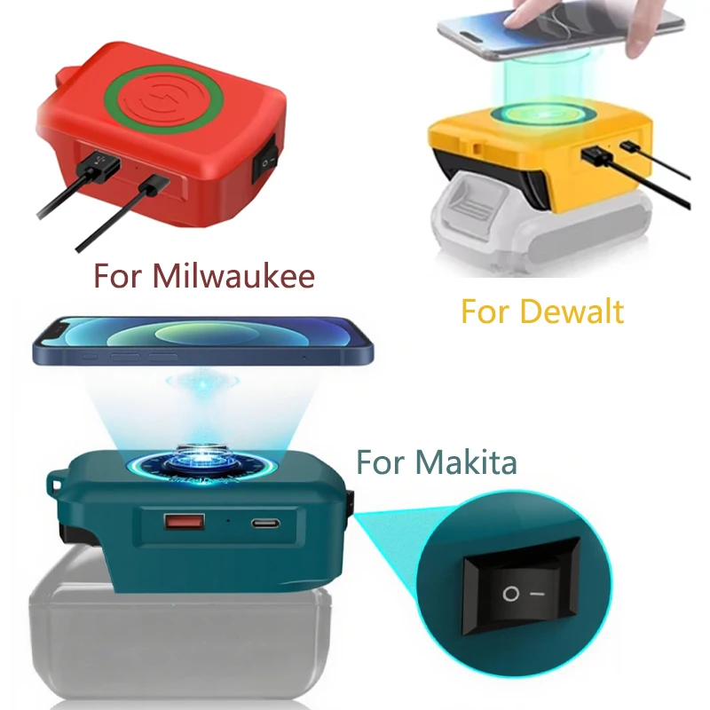 

for Makita/Dewalt/Milwaukee 18V Li-ion Battery Phone Wireless Charging Adapter with Type-C USB Charging port Power Bank