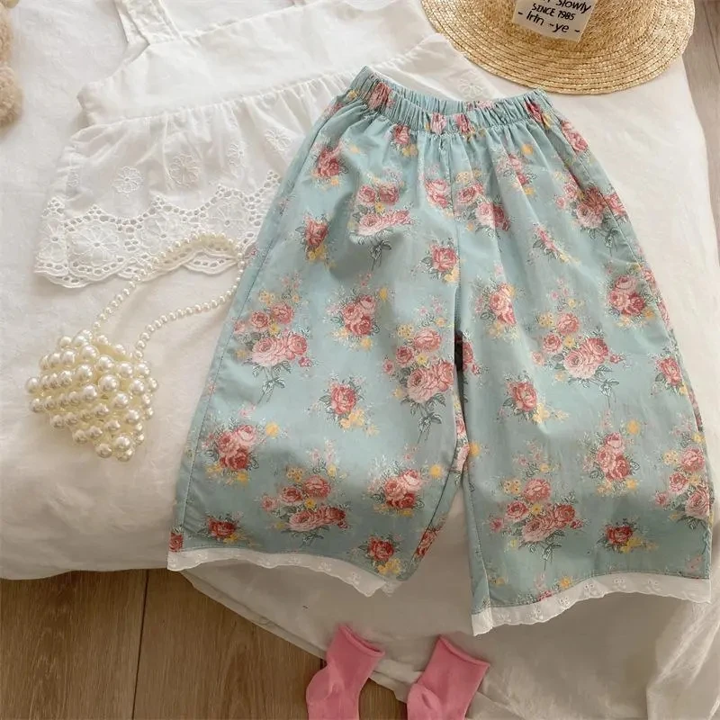 Baby Girls Casual Trousers 2025 New Fashion Flower Print Loose Thin Wide Leg Pants 2-7Years Old Kids Cropped Pants ﻿
