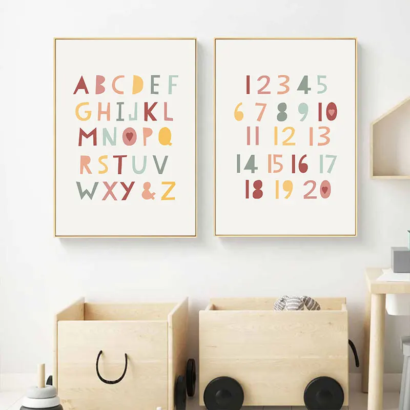 Modern Cute Sun Rainbow Cloud Canvas Poster Prints Alphabet Number Wall Decorative Picture for Kidsroom Nursery Home Art Decor
