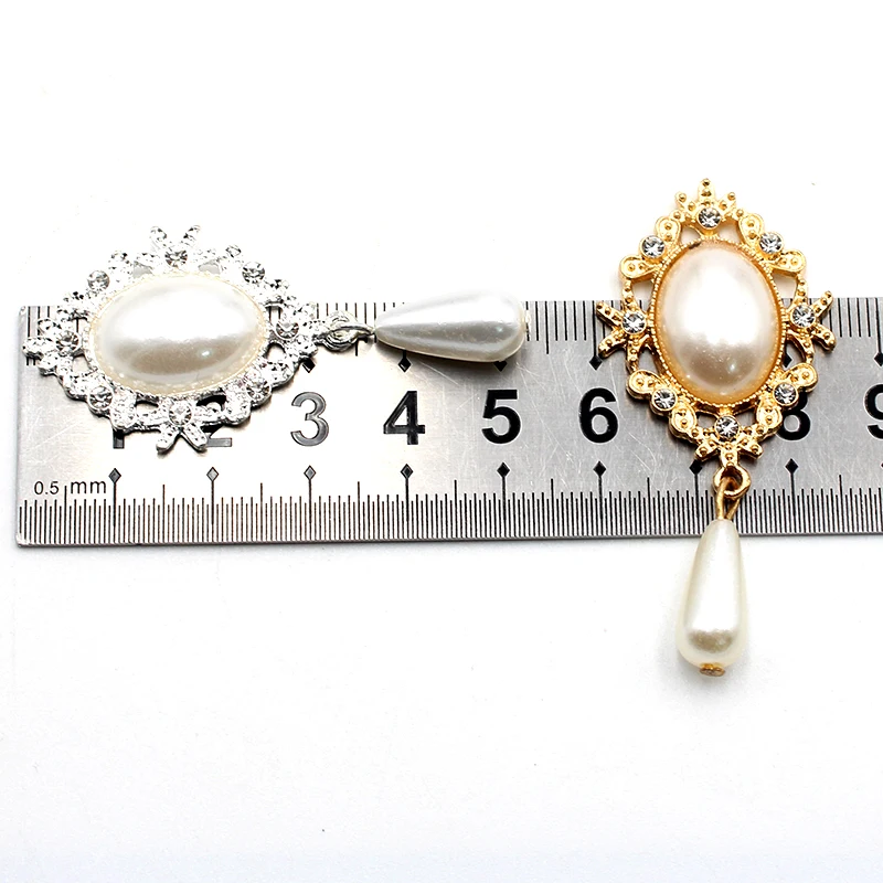 Shiny 10 pieces/batch 52*25MM pearl alloy diamond pendant button DIY wedding dress sewing clothing decoration accessories