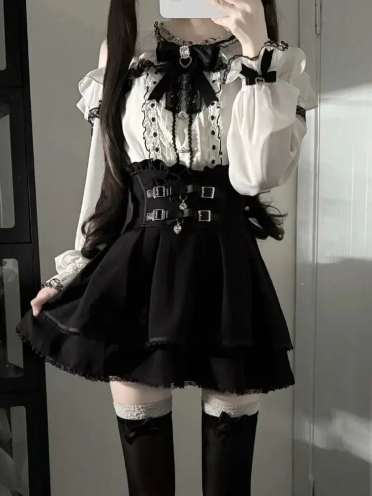 

Японский комплект из 2 предметов Kawaii Slim Lolita, женский модный кружевной топ с длинными рукавами и милым бантом, дизайн Hepburn, короткая юбка, костюм Y2K, новый