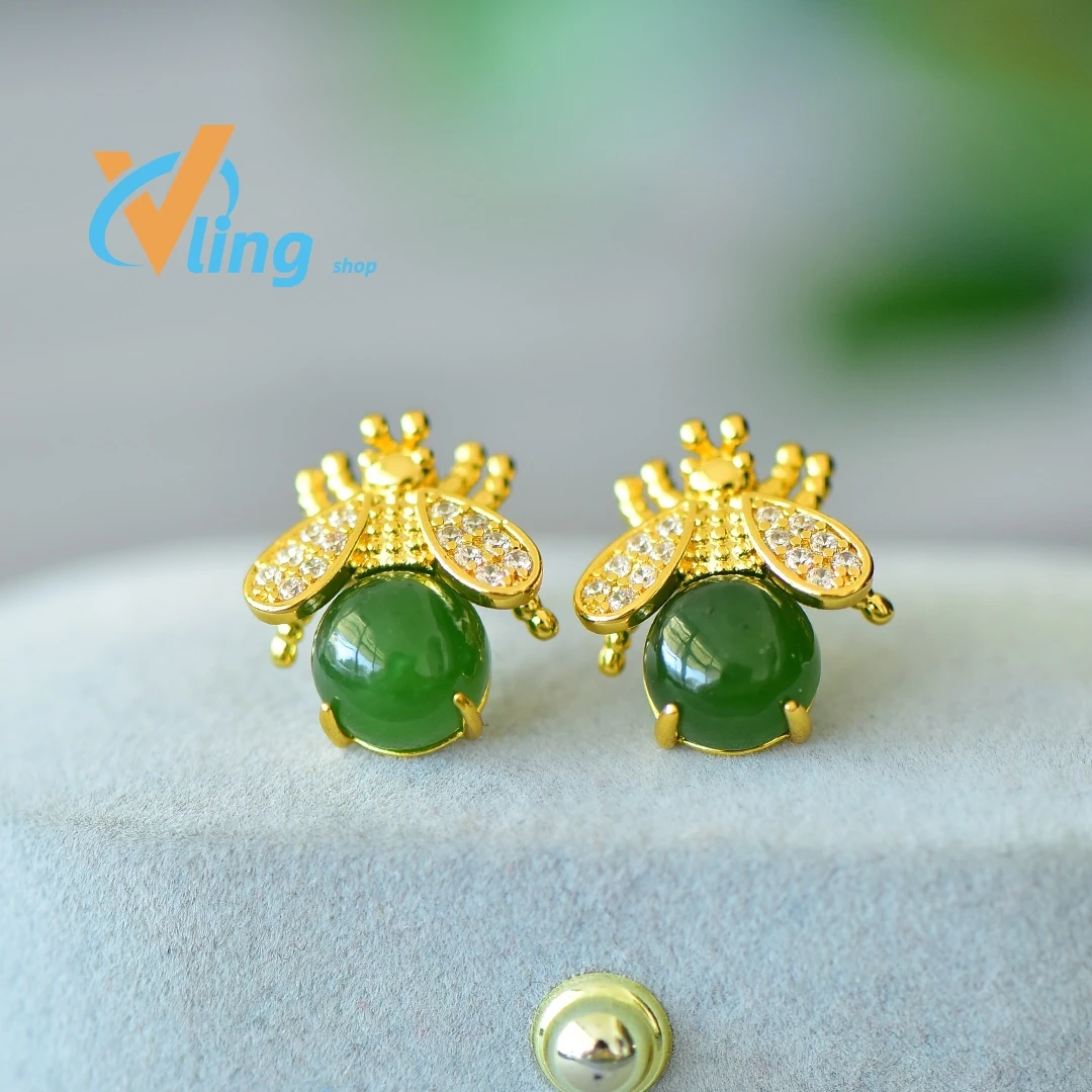 Copper inlaid Hotan Jade jasper courtesy of God little bee fashion earrings sweet girl Xia Xiaozhong earrings