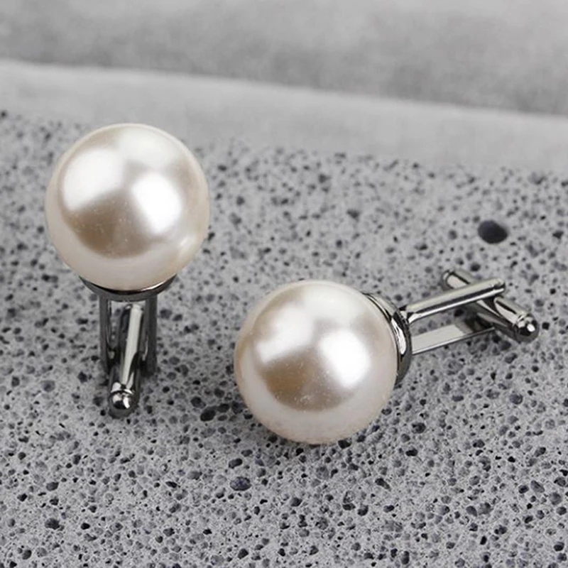 Beads Cufflinks For Men Round White Imitation Pearl Cuff Link Women Suit Concise Business Cufflink Wedding Party Cuflink Gift