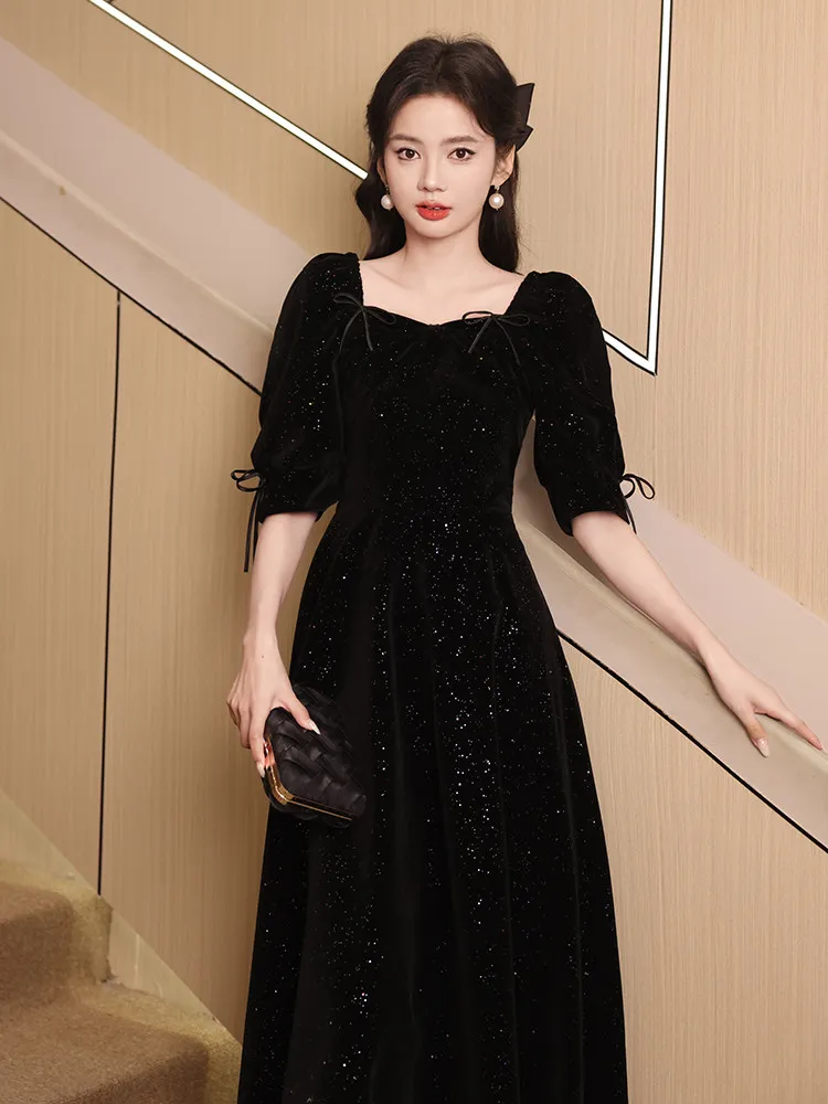 

Black Evening Dress for Women 2026 New Bow Sequined A-Line Party Dresses Temperament Square Neck Host Performance Gowns