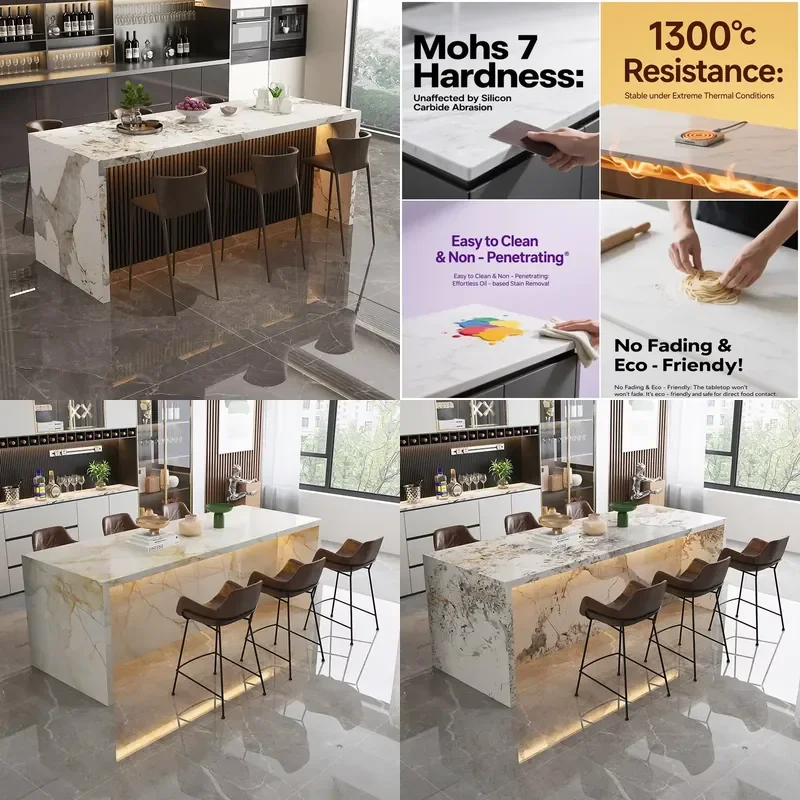 for Customizable Hand-Pulled Light Luxury Polished Veneer Burnt Stone Integrated Open Kitchen Partition Balcony Island Bar