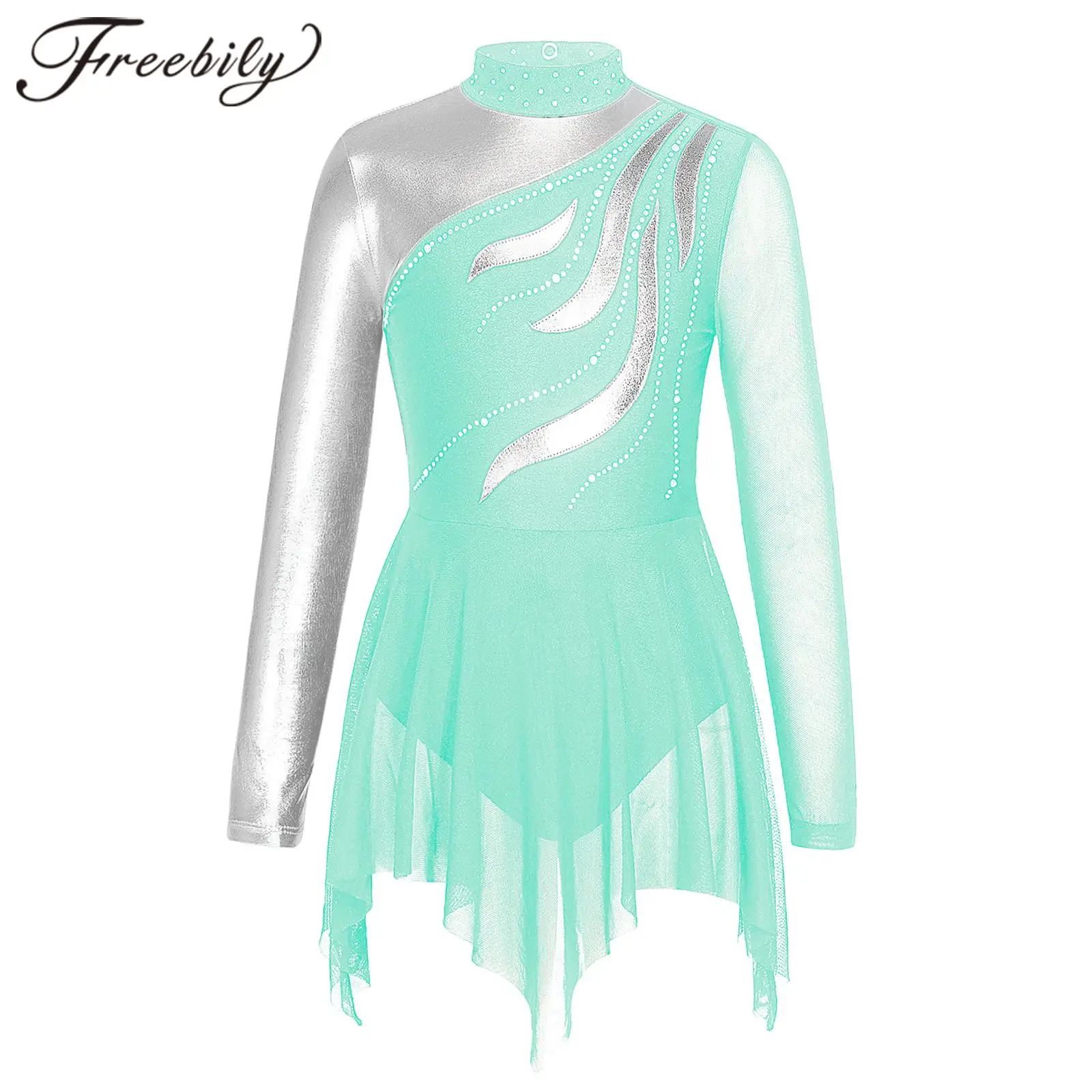 

Girls' Shiny Rhinestone Figure Skating Dress, Long Sleeve, Metallic Splice, Gymnastics Leotard, Performance Dancewear, Kids