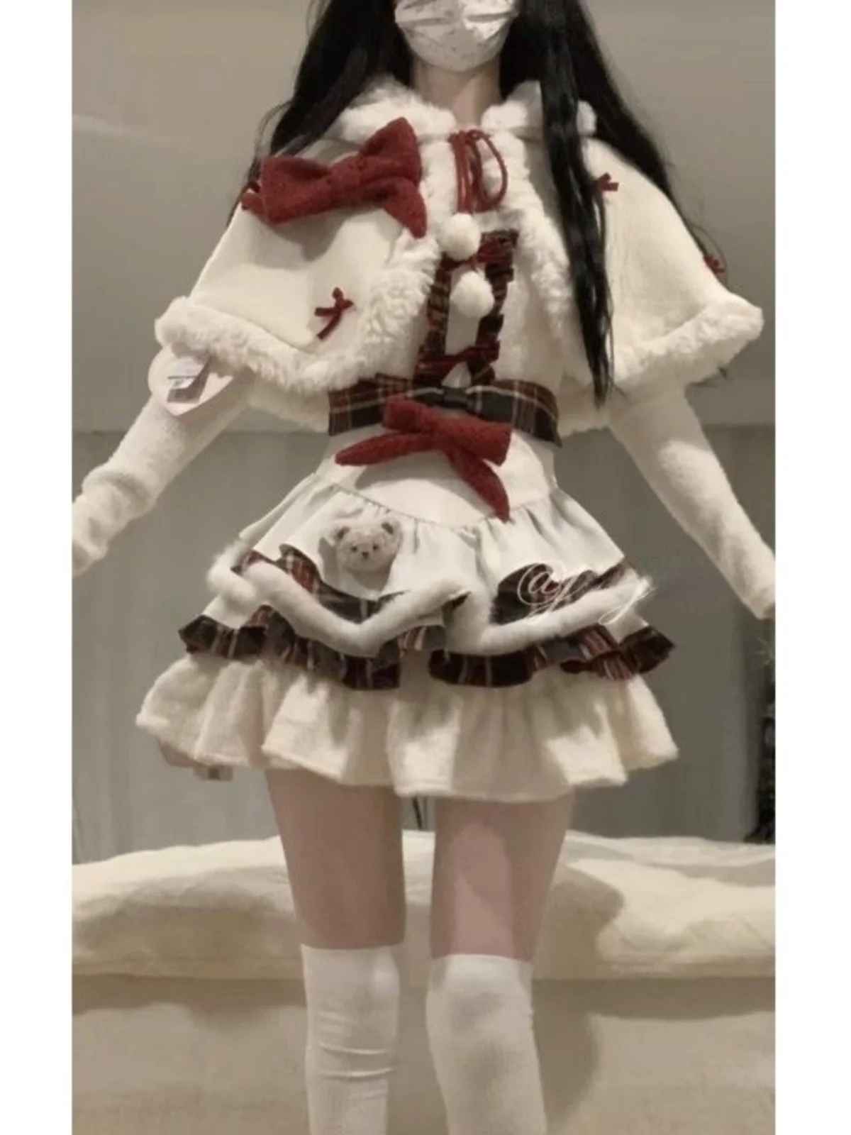 

Sweet Cute Winter Christmas Lolita Furry Coat Skirt Set Fashionable Two-Piece Polyester Long Sleeve Collared Head over Set