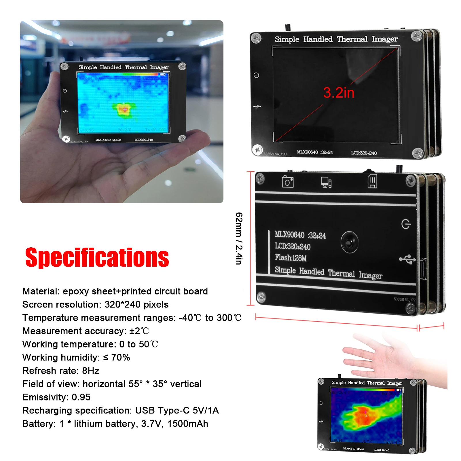 -40 ℃ ~300 ℃   Imageur infrarouge Portable 3.2 pouces 320*240 écran LCD multifonction caméra d'imagerie thermique infrarouge numérique portative
