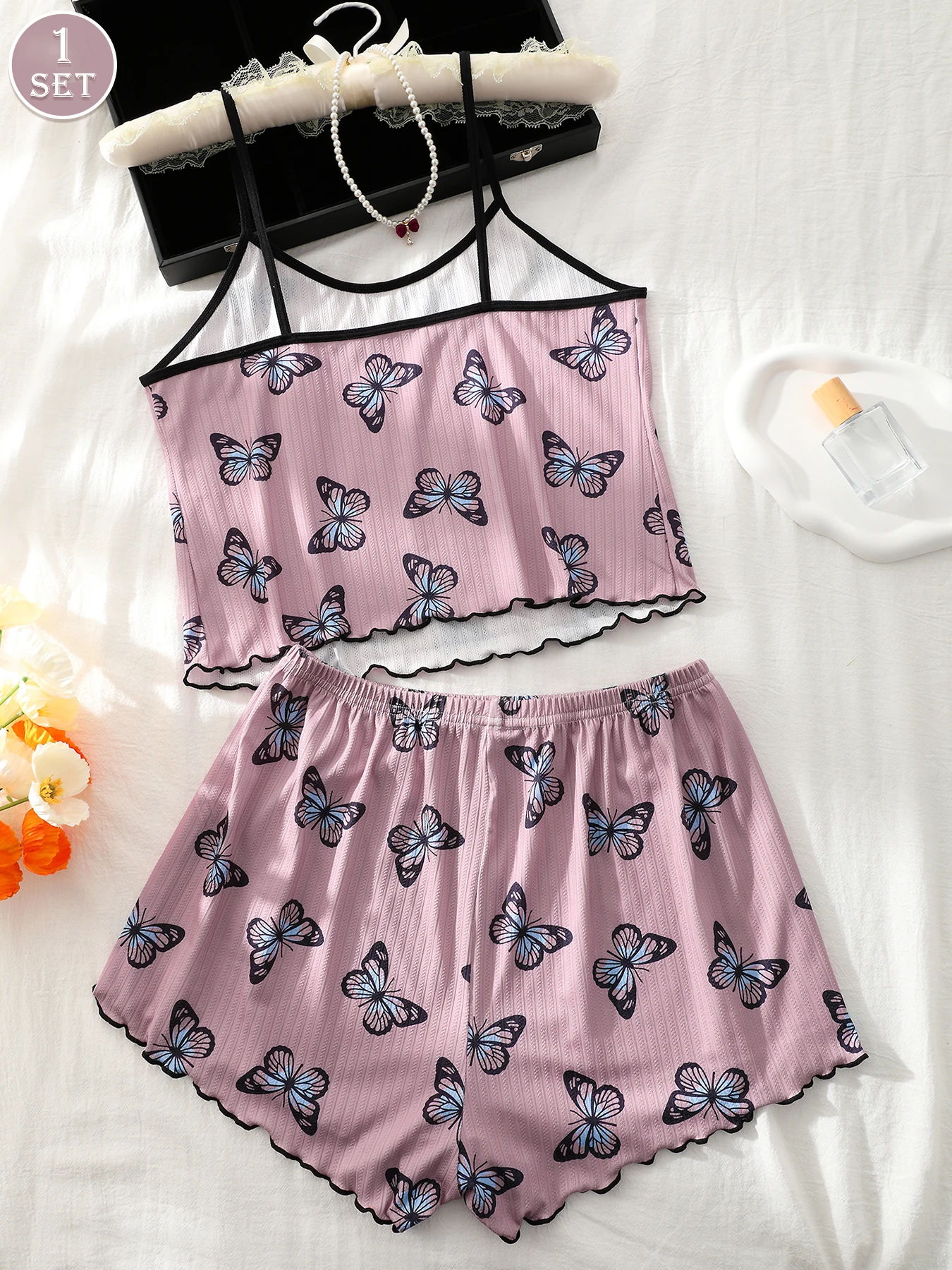 1SET Butterfly Print Cami Short Pajama Set, Waffle Knit Scalloped Trim Soft Breathable Summer Women Loungewear Sleepwear