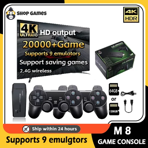 Nueva consola de juegos M8 integrada 20000 + 64GB controlador inalámbrico para dos personas 2,4G Stick 4K HD PS1 GBA Video regalo de Navidad para niños