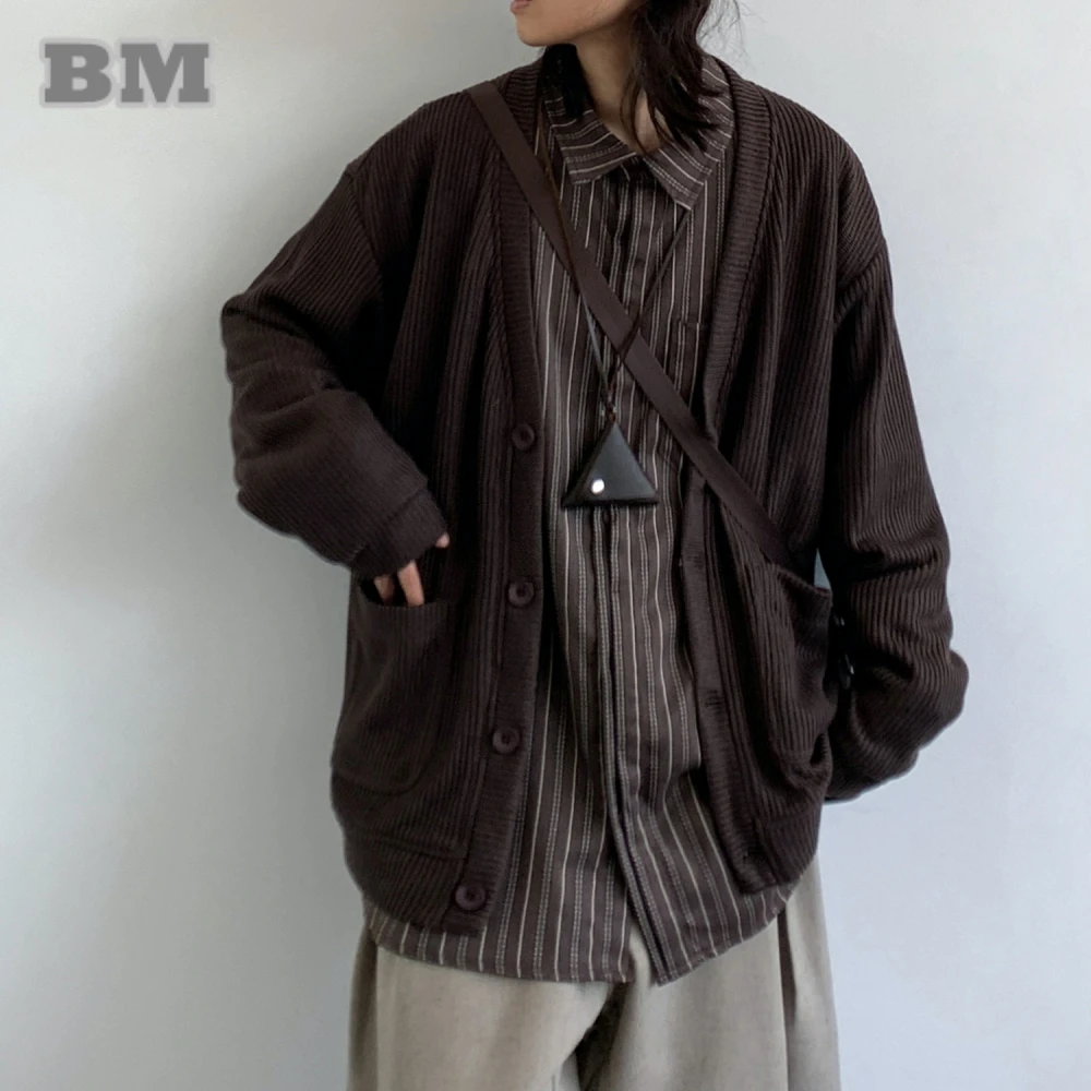 

Unisex Japanese Style Vintage Brown Knit Cardigan Preppy Oversized Fall Fashion Sweater Harajuku Loose Fit Streetwear Coat Tops