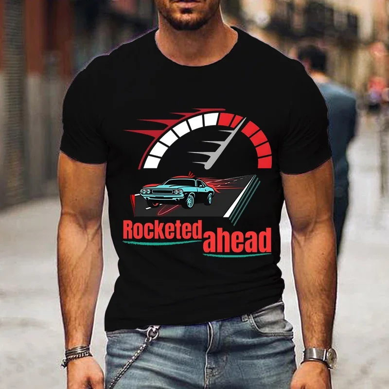 2024 Fashion Men's T-Shirt Rocketed Ahead Car Print Tshirts Short Sleeve O-neck Summer Oversized T Shirt Man Brand Tees Shirts