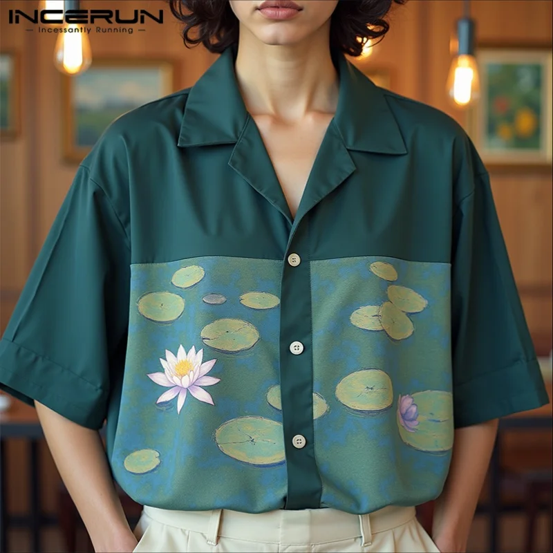 

INCERUN Мужская рубашка с принтом и лацканами, с коротким рукавом и пуговицами, свободная повседневная мужская одежда, летняя уличная одежда, модные мужские топы 2025, рубашки
