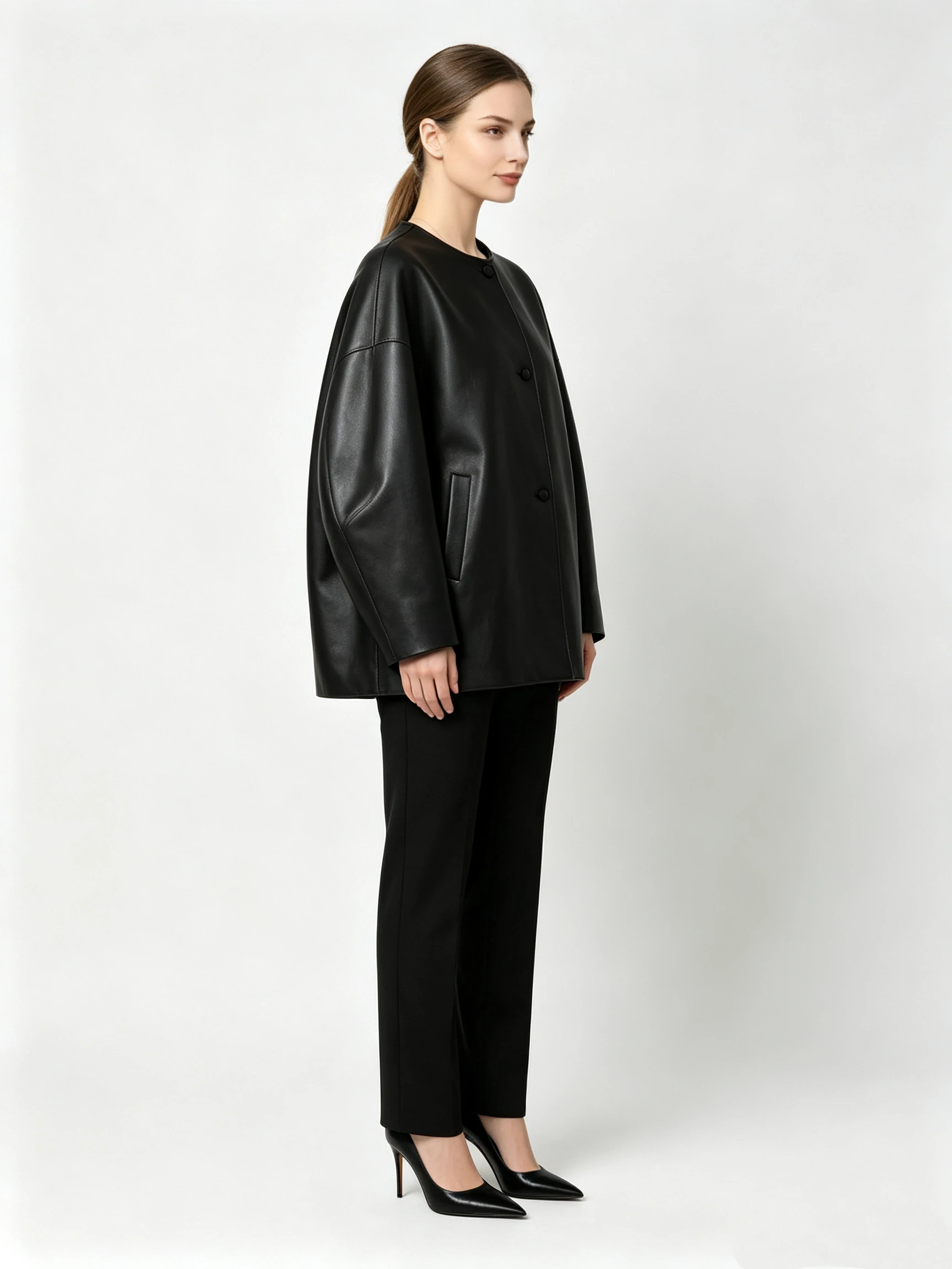 Women's Faux Leather Collarless Jacket with Drop Shoulder and Button Closure