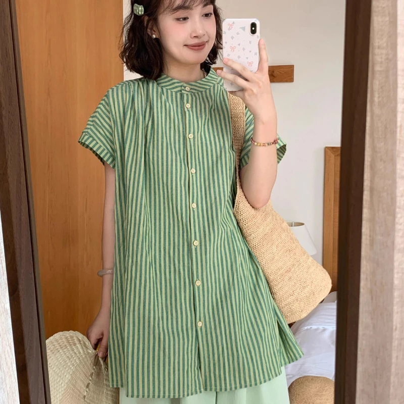 

Stand Collar Striped Design Short Sleeve Shirt Summer New Loose Baby Shirt Outerwear Top